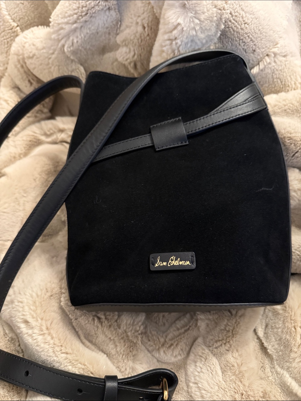 Sam Edelman Black Suede Shoulder Bag with Gold-Tone Accent - Picture 3 of 5